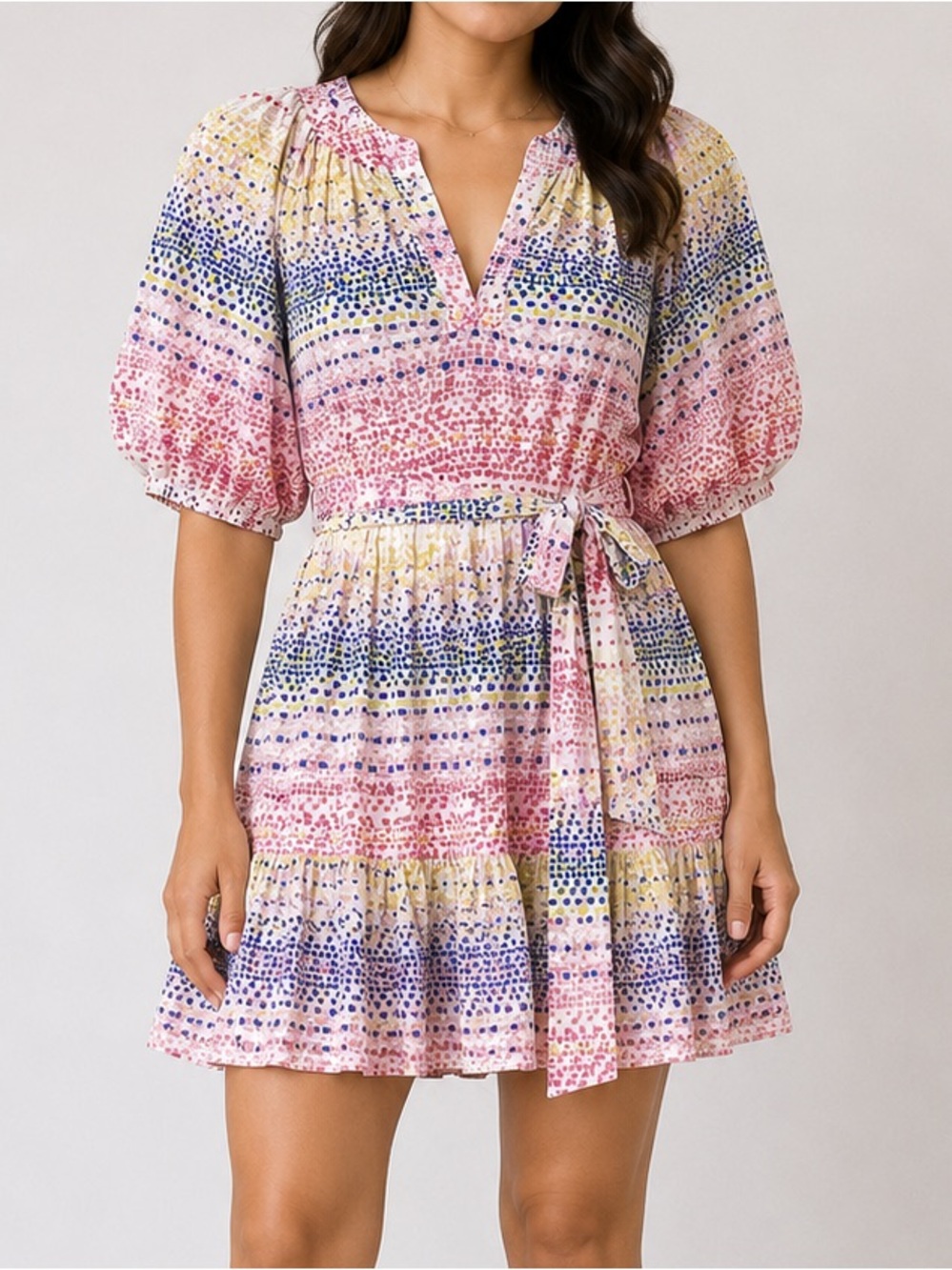 Willa Story Multicolor Dotted Puff Sleeve Belted Cottagecore Mini Dress